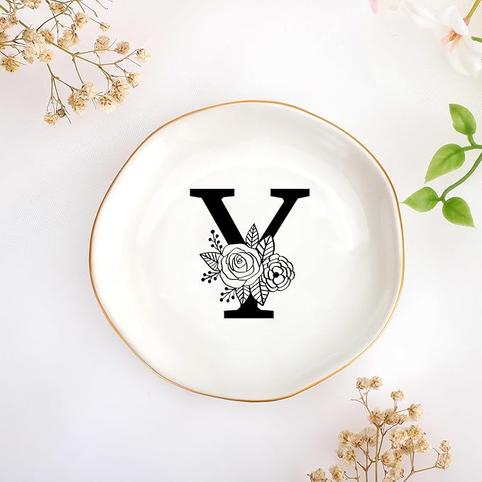 JoycuFF Initial Y Ceramic Jewelry Tray, Bridesmaid Bride Gifts, Mothers Day Christmas Anniversary Engagement Birthday Gifts for Women Couples, Trinket Dish for Rings Earrings Necklaces Bracelets Keys