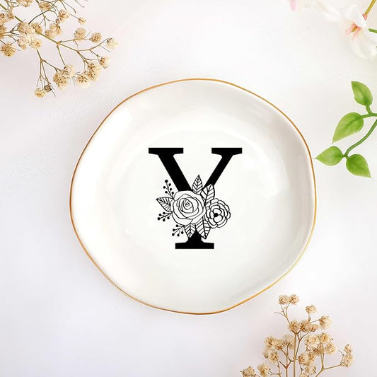 JoycuFF Initial Y Ceramic Jewelry Tray, Bridesmaid Bride Gifts, Mothers Day Christmas Anniversary Engagement Birthday Gifts for Women Couples, Trinket Dish for Rings Earrings Necklaces Bracelets Keys