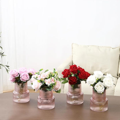 Ribbed Glass Vases, Set of 4 Small Vases for Flowers, Pink Glass Vase for Tulips, Modern Vase for Living Room, Kitchen, Office, Entryway, Bookshelf, Wedding Gifts, Birthday, 6 Inches