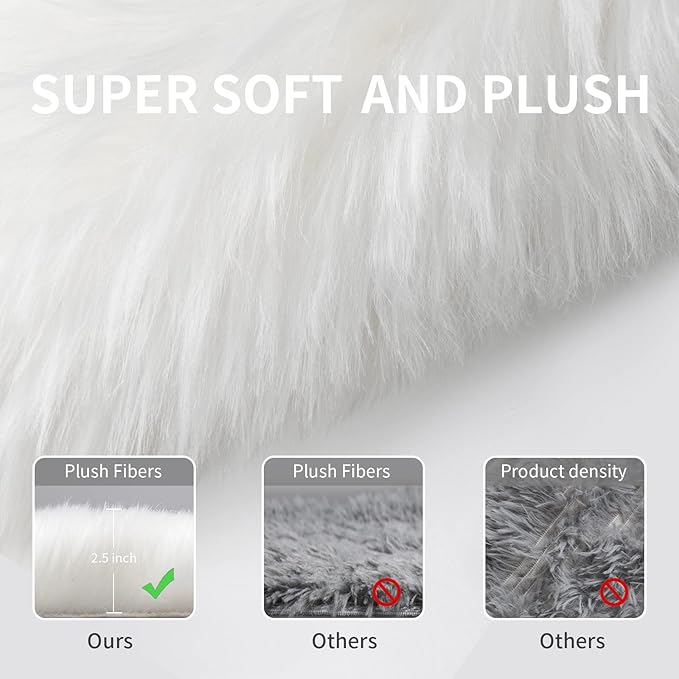 Tangsoo White Round Faux Fur Rugs, Sheepskin Round 3ft Soft Small Circle Rugs, 3x3 Fuzzy Plush Fur Rug, Shag Circular Rug Floor Carpet for Bedroom Kids Room, Nursery, Girls Room, Dorm
