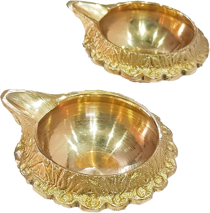 athizay Brass Diyas Pack of 2 for Pooja Virgin Brass Indian Diya Set Oil lamp Sets for Gifting Home Decor Vilakku (Kuber Diya Set 2)