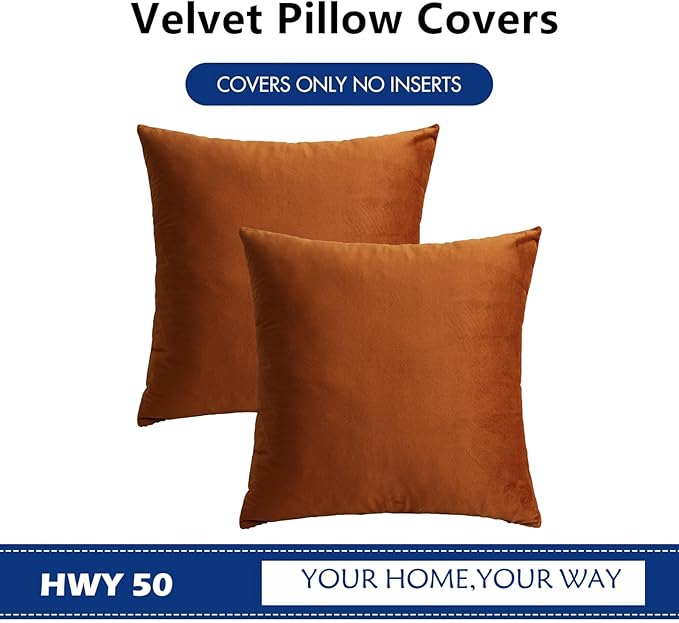 HWY 50 Burnt Orange Velvet Throw Pillow Covers 20x20 Inch, Pack of 2 Soft Cozy Solid Decorative Luxury Fall Cushion Cases for Couch Sofa Bed Living Room Bedroom