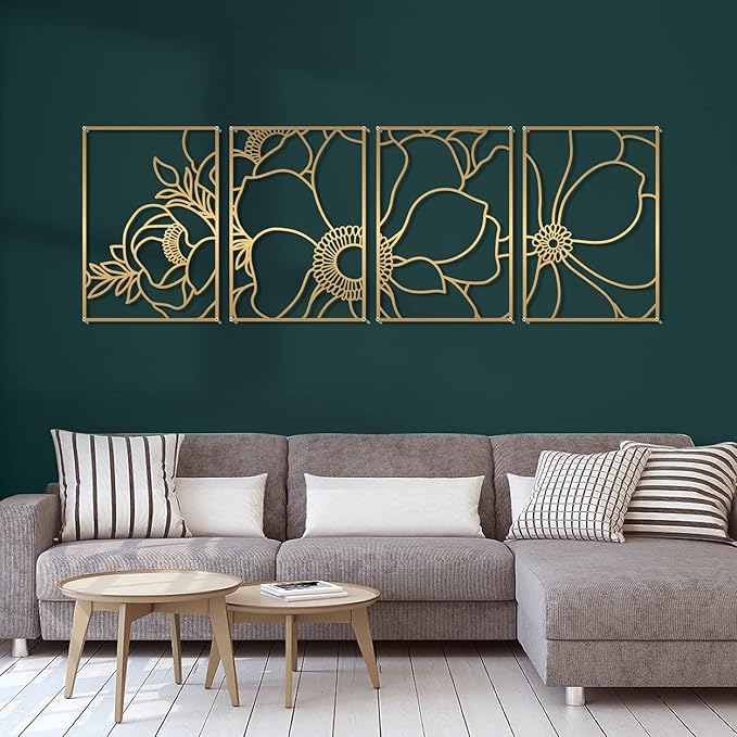 Glamativity Large 4 Pack Gold Wall Art, Minimalist Decor, Real Metal, Nature Floral Abstract, for Bedroom, Living Room, Bathroom (Gold Blossom Style, L Size 22.5 x 15.7'')