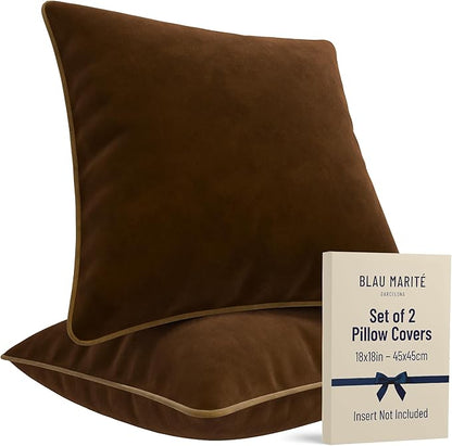 2 Pack Velvet Decorative Throw Pillow Covers, 18"x18", Brown and Camel, Solid, Modern, Contrast Piping, Indoor Use, Bedroom & Living Room