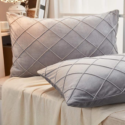 JAUXIO Diamond Pinch Pleated Crystal Velvet Pillowcases 2 Pack Solid Pintuck Throw Cushion Cover for Home Decor Hidden Zipper Closure (Light Grey, Standard)