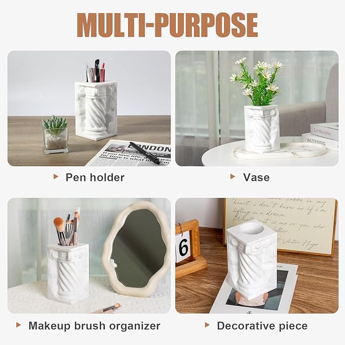 BCS Marble Pencil Pen Holder Stand for Desk, Luxury Makeup Brush Holders, Elegant Roman column Desk Pen Organizer, Unique Versatile Pencil Cup for Office, School, Home Decor - Mini Vase(White)