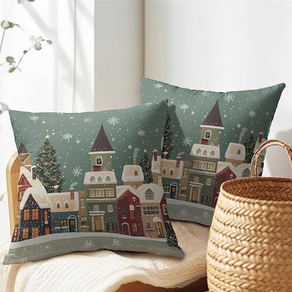 Christmas Snoflake Pillow Covers 18x18 Set of 2 Green House Throw Pillow Covers Winter Pillowcase Linen Decoration Farmhouse Cozy Soft Cushion Case Couch for Indoor Outdoor Home Decor