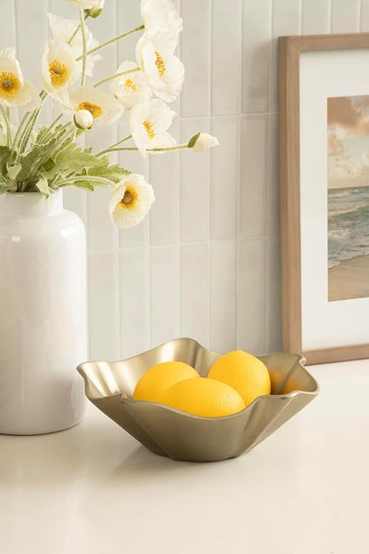 Kate and Laurel Flutte Scalloped Decorative Metal Serving Bowl, 10 x 10 x 3, Antique Brass, Modern Wavy Fruit Bowl for Kitchen Counter or Use as Tabletop Storage for an Entryway Table