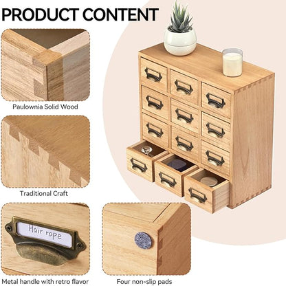 KIRIGEN Wood Drawer Organizer Desktop Storage Cabinet Box Drawers for Home Office Desk Organization and Storage 12 Drawer Mini Chest with Metal Handles Natural(12CG-NA)