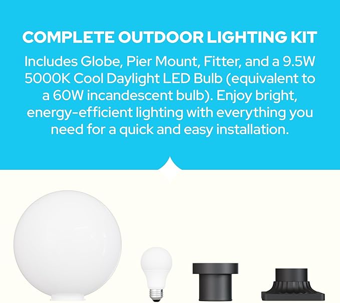 KASTLITE 12" Globe Combo with Pier Mount (White, Decorated Mount - Black) - Outdoor Lighting with LED Lamp - UV & Waterproof Pillar & Column Deck Driveway Yard Patio & Garden Fixture - Made in USA