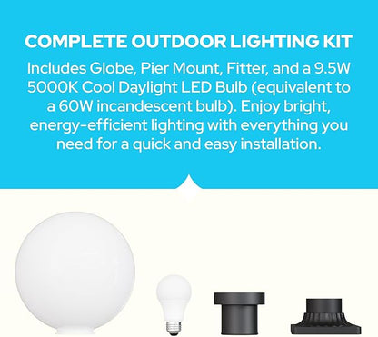 KASTLITE 12" Globe Combo with Pier Mount (White, Decorated Mount - Black) - Outdoor Lighting with LED Lamp - UV & Waterproof Pillar & Column Deck Driveway Yard Patio & Garden Fixture - Made in USA