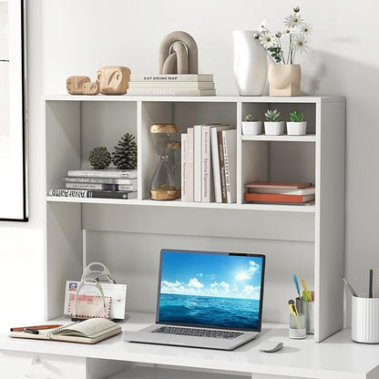 GOFLAME 4 Cubes Desktop Bookshelf, 37” Tabletop Wood Desk Shelf for Computer Monitor, Modern Countertop Desk Display Hutch Storage Organizer Shelf for Home Office, Dorm, Study (White)