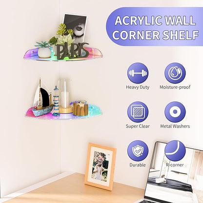 Sezanrpt 9.5x9.5 Inch Acrylic Corner Floating Shelf Set of 2, Iridescent Corner Wall Shelf for Home Décor, Speakers, Security Cameras, Toileries, Plants, Figures, Cosmetics, Books