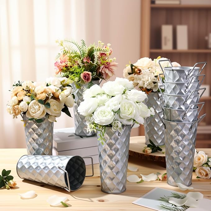 12 Pcs Silver Metal Flower Vases 9 Inch Galvanized Flower Bucket Spring Farmhouse French Bucket with Handles, Floral Vases for Centerpiece Bar Wedding Bouquet Table Decoration Supplies