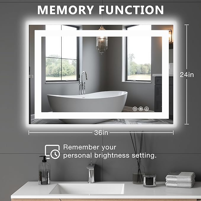 Sweetcrispy 24.1"x36.1" Smart Anti-Fog LED Bathroom Mirror with Front Light & Backlit, 3 Color Temperatures, Dimmable, Memory Function, Rectangle Modern Vanity Mirror