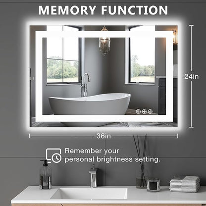 Sweetcrispy 24.1"x36.1" Smart Anti-Fog LED Bathroom Mirror with Front Light & Backlit, 3 Color Temperatures, Dimmable, Memory Function, Rectangle Modern Vanity Mirror