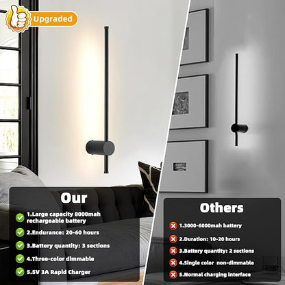 LED Wireless Wall Sconce with Remote Control, Dimmable/350° Rotate/Timing/USB Rechargeable Battery Powered Indoor Wall Lamps, 23.6 inch Black Wall Lights Set of Two for Hallway, Living Room, Bedroom