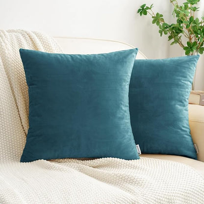 HWY 50 Ocean Blue Velvet Throw Pillow Covers 20x20 Inch, Pack of 2 Soft Cozy Solid Decorative Luxury Cushion Cases for Couch Sofa Bed Living Room Bedroom