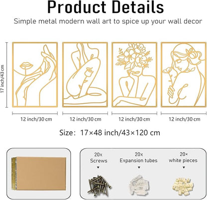 Bakovity Gold Metal Wall Art, Abstract Flower Line Sculpture, Gold Minimalist Modern Wall Decor for Living Room, Bedroom, Bathroom (4 Pieces, 17 x 12 Inches)