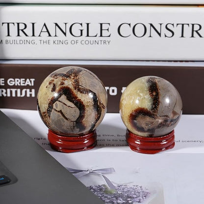 Nupuyai Natural Septarian Dragon Crystal Ball with Wooden Stand Healing Stone Sphere for Divination Fengshui Meditation Home Office Decor