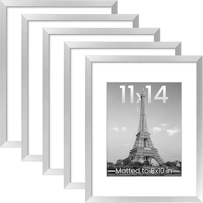 upsimples 11x14 Picture Frame Set of 5, Display Pictures 8x10 with Mat or 11x14 Without Mat, Wall Gallery Photo Frames, Silver