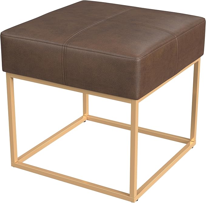 Homepop Decorative Small Square Gold Metal Ottoman | Ottoman Stool for Living Room & Bedroom | Decorative Home Furniture (Brown Faux Leather)