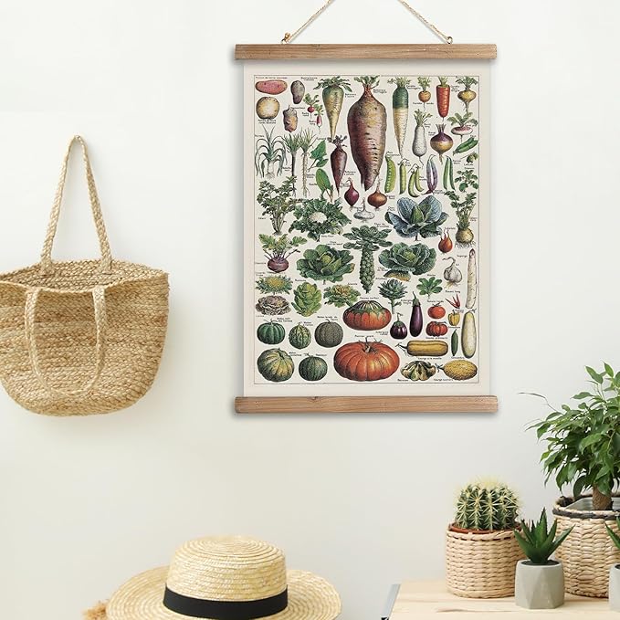 XIAOAIKA Vintage Vegetable Varieties Poster - Illustrated Garden Produce Chart with Wooden Frame - Educational Kitchen Wall Decor Art for Home Chefs and Gardeners 12 x 16 inches