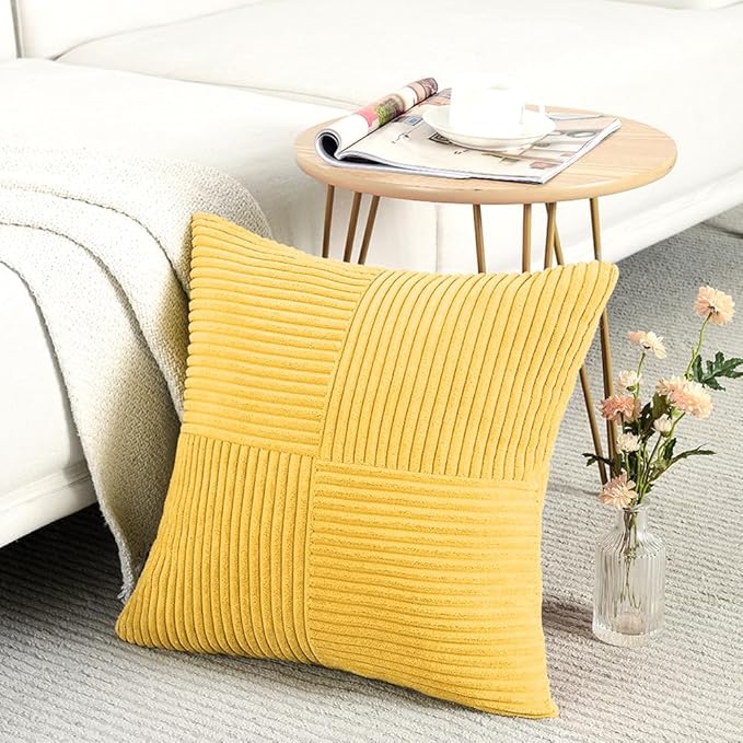 Fancy Homi 2 Packs Yellow Decorative Throw Pillow Covers 18x18 Inch for Living Room Couch Bed, Rustic Farmhouse Boho Home Decor, Soft Corss Corduroy Patchwork Textured Square Cushion Case 45x45 cm
