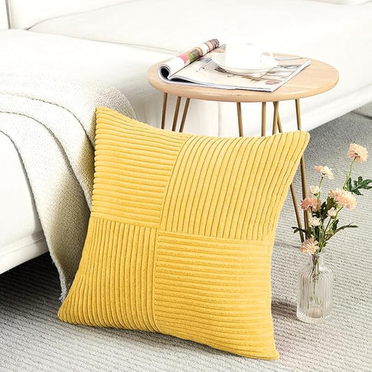 Fancy Homi 2 Packs Yellow Decorative Throw Pillow Covers 18x18 Inch for Living Room Couch Bed, Rustic Farmhouse Boho Home Decor, Soft Corss Corduroy Patchwork Textured Square Cushion Case 45x45 cm