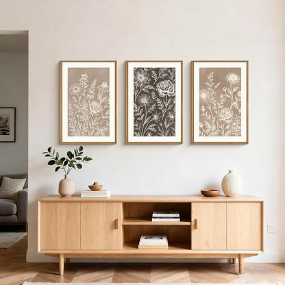 Neutral Boho Flower Framed Canvas Wall Art Set,Vintage Rose Peony Wildflower Wall Decor,Modern Natural Brown Black Floral Botanical Artwork for Living Room, Bedroom,Farmhouse-16 x24 x3