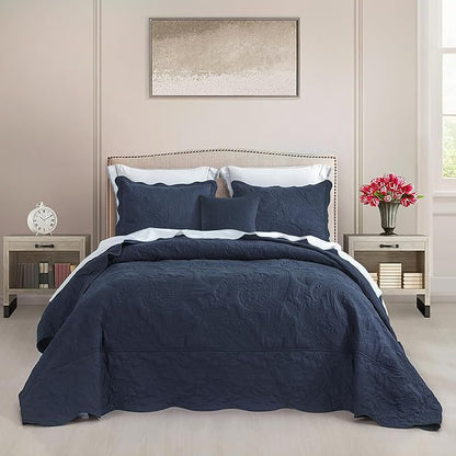 HZ & HY Oversized King Bedspread, Quilted Coverlet Bedding Set, Lightweight Thin Comforter, Reversible, Luxurious, 5 Piece, 100% Microfiber, Navy Blue