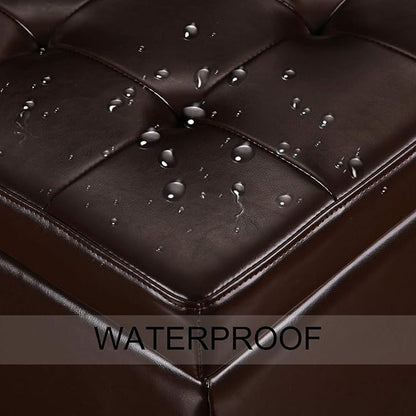 Adeco 15.2" Modern Brown Faux Leather Storage Ottoman with Tufted Flip Top for Living Room, Tufted Accents Rectangular Bench for Foot Rest