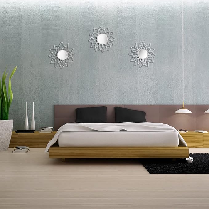 Silver Mirrors for Wall, 9 inch Metal Flower Mirrors Home Christmas Decoration, Christmas Wall Art Decorative Mirror Small Mirror for Living Room Bedroom, Entrance Set of 3
