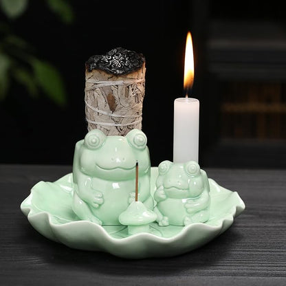 ChangWanna Multifunction 4 in 1 Frog Incense Holder, Palo Santo Holder, Sage Holder, Ceramic Incense Stick Holder for Burning - Cute Ash Catcher Tray for Yoga/Meditation/Home Room Office Decor, Green