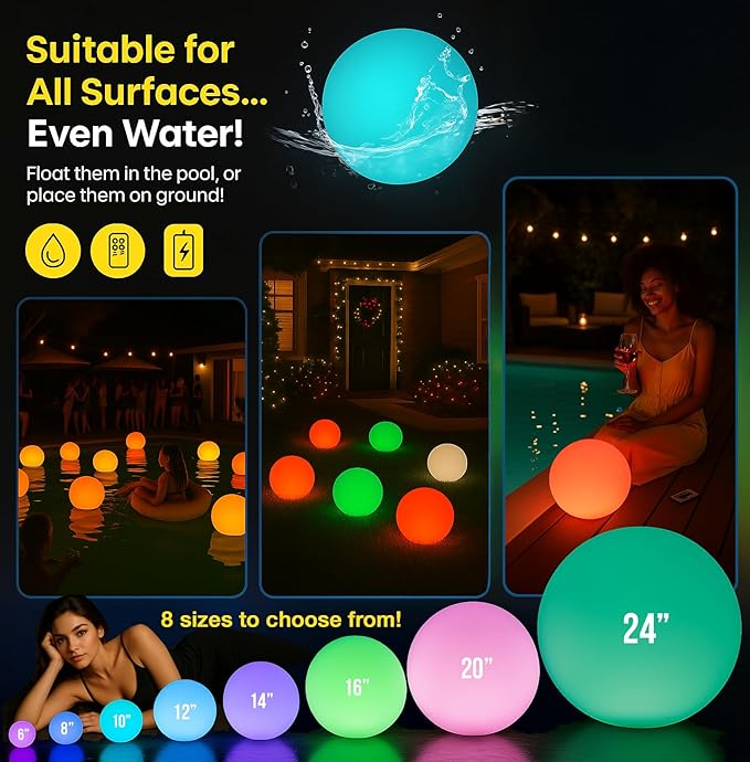 Vandue Color-Changing LED Light Ball – Rechargeable Glow Sphere with Remote – IP65 Waterproof RGB Night Light for Indoor/Outdoor, Pool, Garden, Party & Decor (14 Inch)