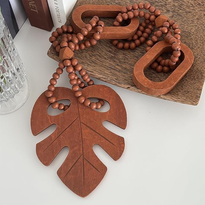 Unique Wood Beads with Chain Link and Leaf, Decorative Beads Home Decor, Knot Beaded Garland Decor, Housewarming Gift, Brown