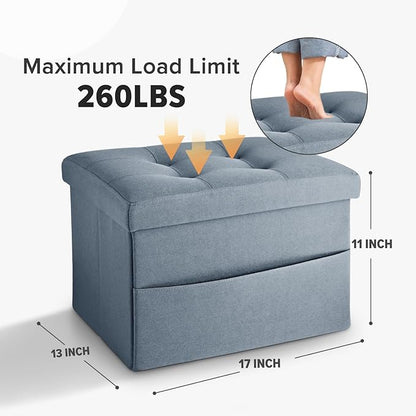 LINMAGCO Storage Ottoman Folding Foot Stool Ottoman with Side Pocket Modern Short Sofa Stool Linen Cloth 17x13x13(FogBlue)