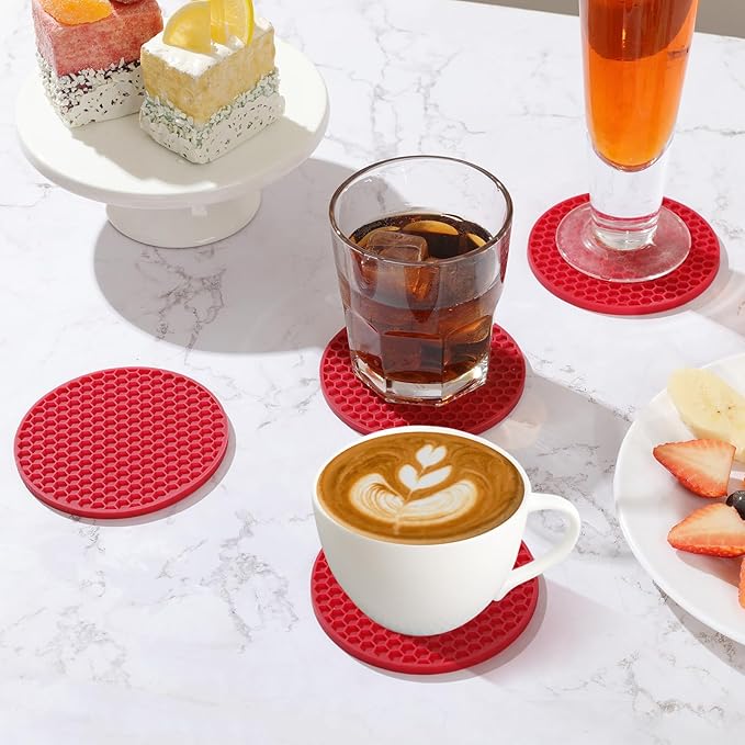 Silicone Coaster Set of 8 with Holder, Drinks Coasters, Beer & Coffee, Hot or Cold, Anti-Slip, Non-Stick, Anti-Overflow Tabletop Protection and Decor (8 Pcs, Wine Red)