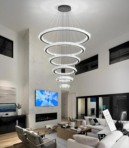 Modern Chandelier 8"+16"+24"+32"+40"+47" 6 Rings Crystal LED Dimmable Lighting Foyer Entryway High Ceiling Living Room Chanderliers Pendant Lights Fixtures Black Light
