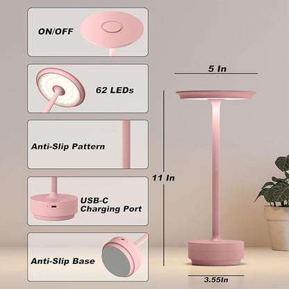 2 Pack Rechargeable Cordless Table Lamps, Portable 5000mAh Outdoor Table Light, 3 Color Stepless Dimming LED Table Lamp with Memory Function, for Home/Dinner/Patio/Restaurant.(Pink)