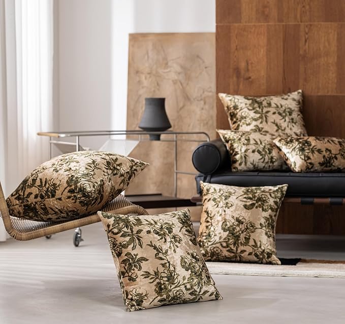 Velvet Floral Print Throw Pillow Covers Set of 2, Superior Soft Decorative Pillow Cases with Luxurious Silky Textured Vintage Cushion Covers for Home Decor Couch Sofa Bed (Champagne, 18x18)