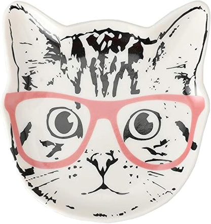 Stephanie Imports Cat with Pink Glasses Ceramic Trinket Plate and Decorative Jewelry Dish