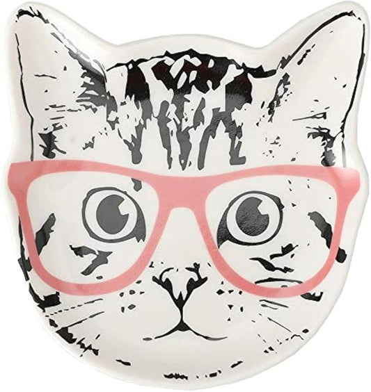Stephanie Imports Cat with Pink Glasses Ceramic Trinket Plate and Decorative Jewelry Dish