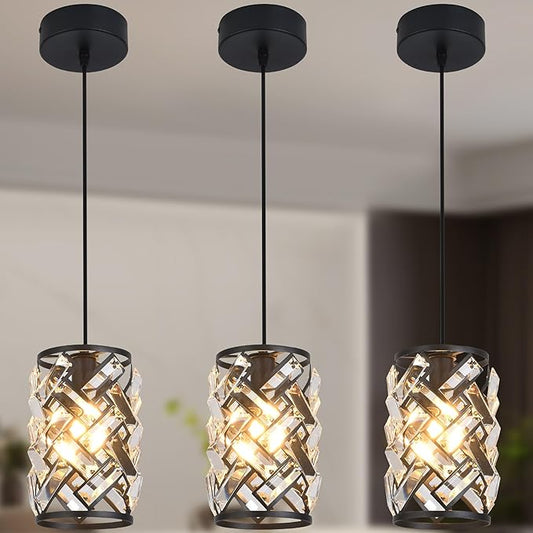 3 Pack Black Pendant Lights Kitchen Island, Kitchen Island Dining Room Light Pendant Lighting Fixtures High end Crystal Chandelier Over Island Table Modern Hanging Light for Bar Dining Room