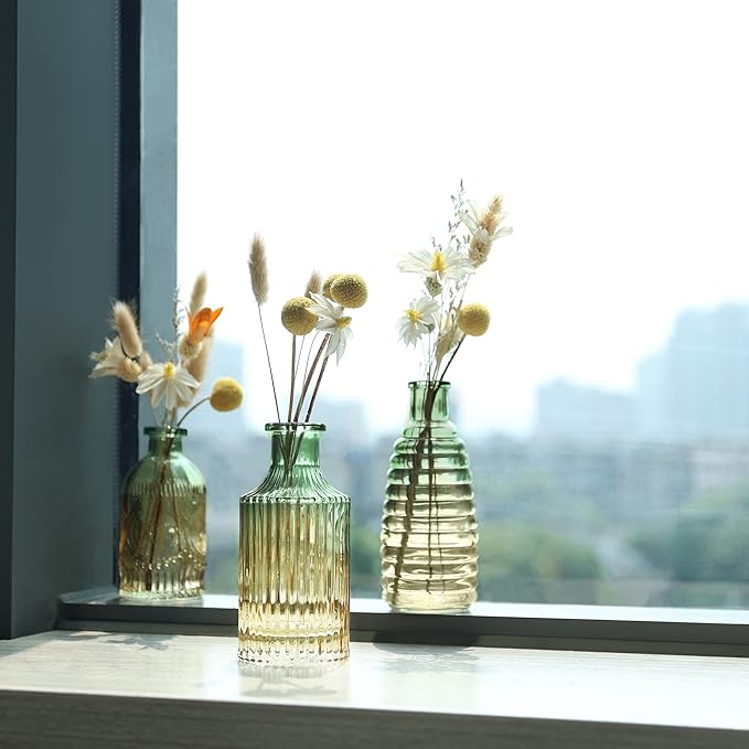Joeyan Small Embossed Glass Bud Vase Set of 3,Green and Amber Colored Rustic Decorative Vase for Single Flower and Dry Flowers