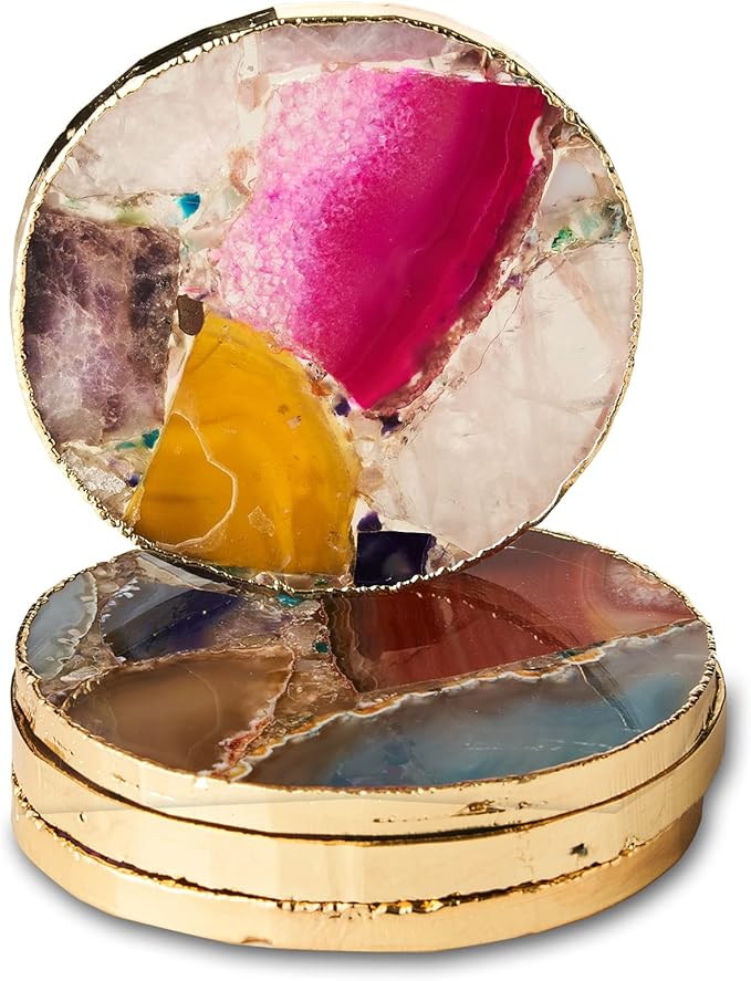 Rainbow Agate Coasters Set of 4, Natural Crystal Coaster for Drinks, Geode Gemstone with Gold Edge, Agate Slice Stone Coaster for Coffee Table, Wooden Table, Home Decor