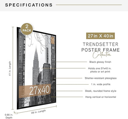 MCS Trendsetter Movie Poster Frame 27x40 Black High-Gloss, Vertical & Horizontal Wall Hanging Large Picture Frame for Photos, Artwork & Custom Posters (2-Pack)