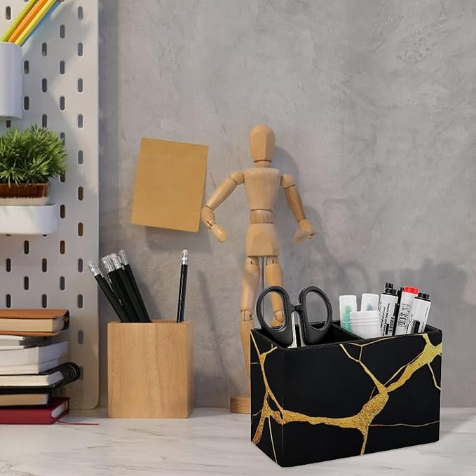 Large Desk Leather Pen Holder Table Pen Organizer Makeup Brush Storage Black Marble Gold Texture