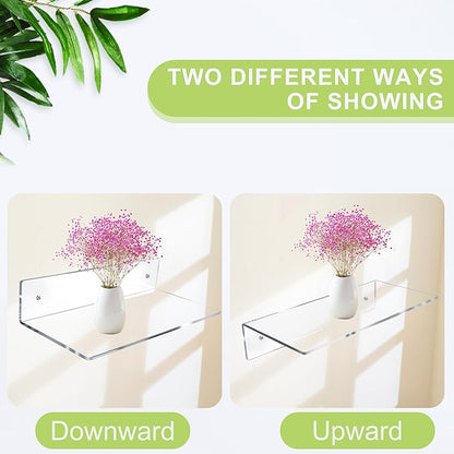 Jansburg 12 Inch L-Shaped Acrylic Floating Shelf Wall Mounted Shelves Invisible 5MM Thick Shelf for Wall Storage Clear Shelves for Makeup Photo Picture Book Record Display 2 Pack