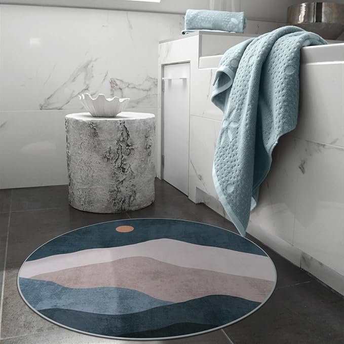 3ft Abstract Round Rug,Boho Washable Non-Slip Mountain Rugs for Entryway,Soft Ultra-Thin Small Indoor Throw Rugs for Bedroom/Bathroom/Laundry Room/Kitchen (Blue)